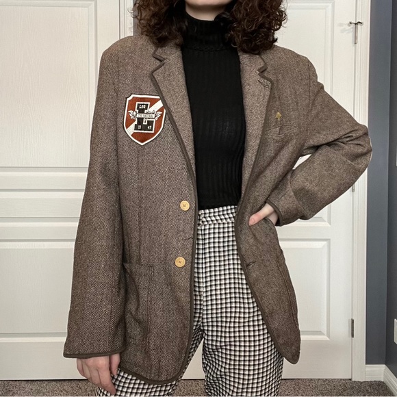LRG Vintage Style Herringbone Tweed Academia Patch Blazer - Picture 3 of 11